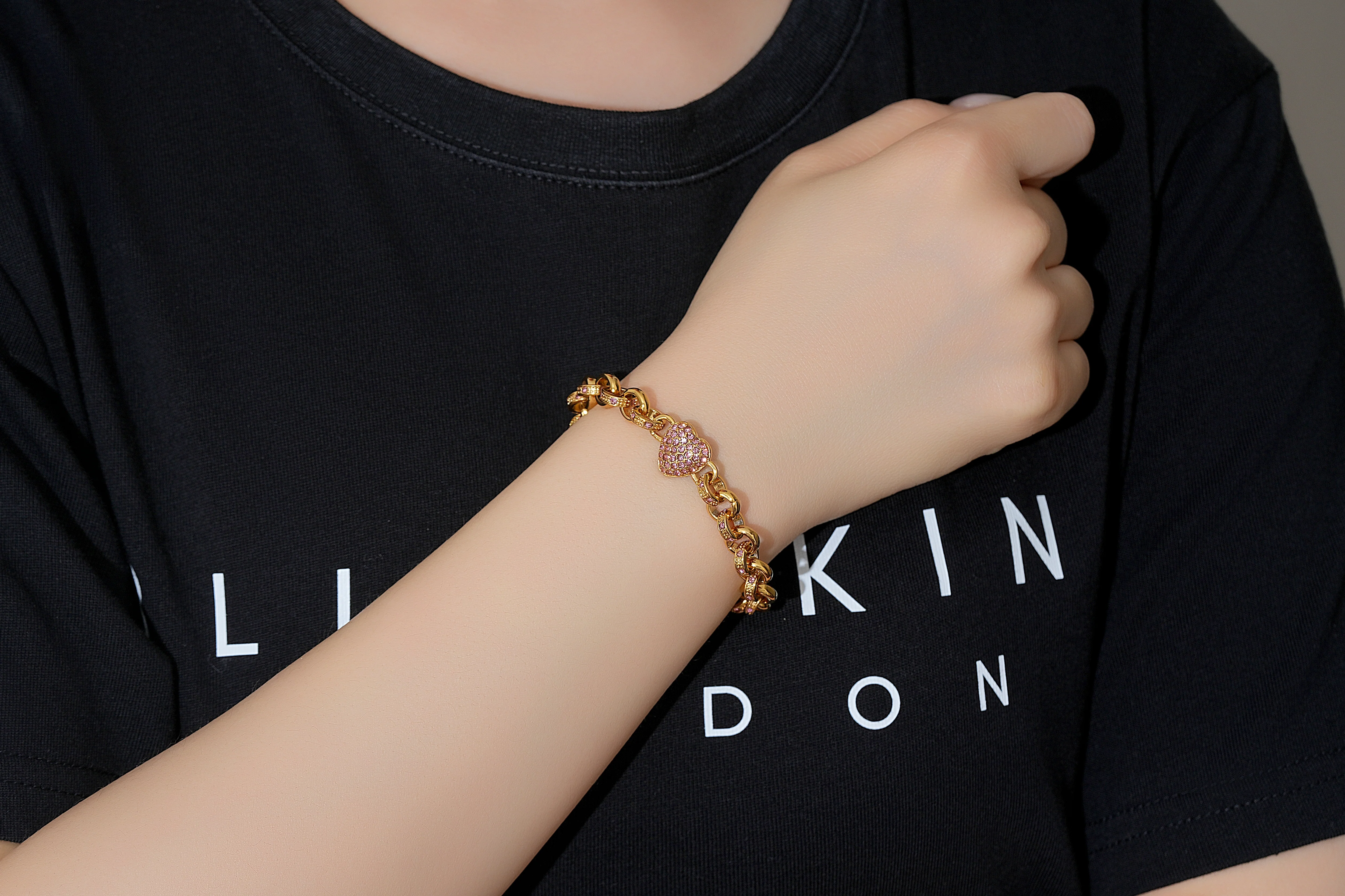 Gold Crystal Heart Charm Belcher Bracelet - Image 3