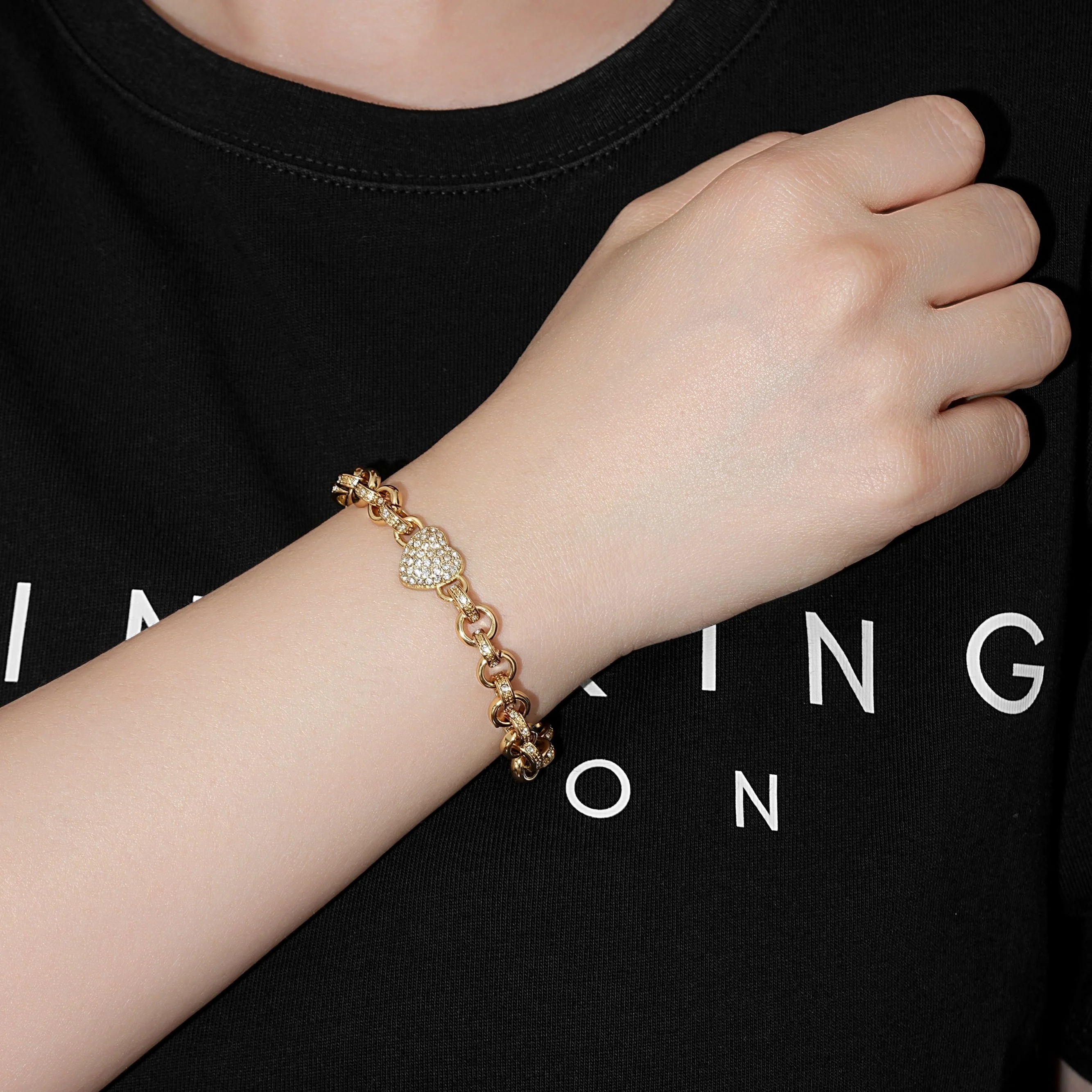 Gold Crystal Heart Charm Belcher Bracelet - Image 3