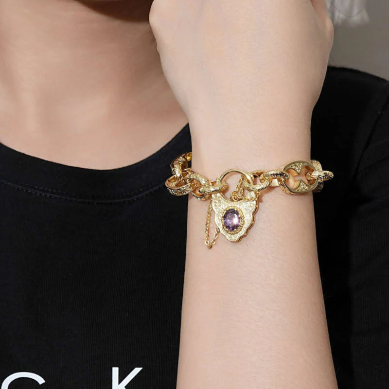 Gold Button Belcher Bracelet Vintage Padlock 8 Inch - Image 3