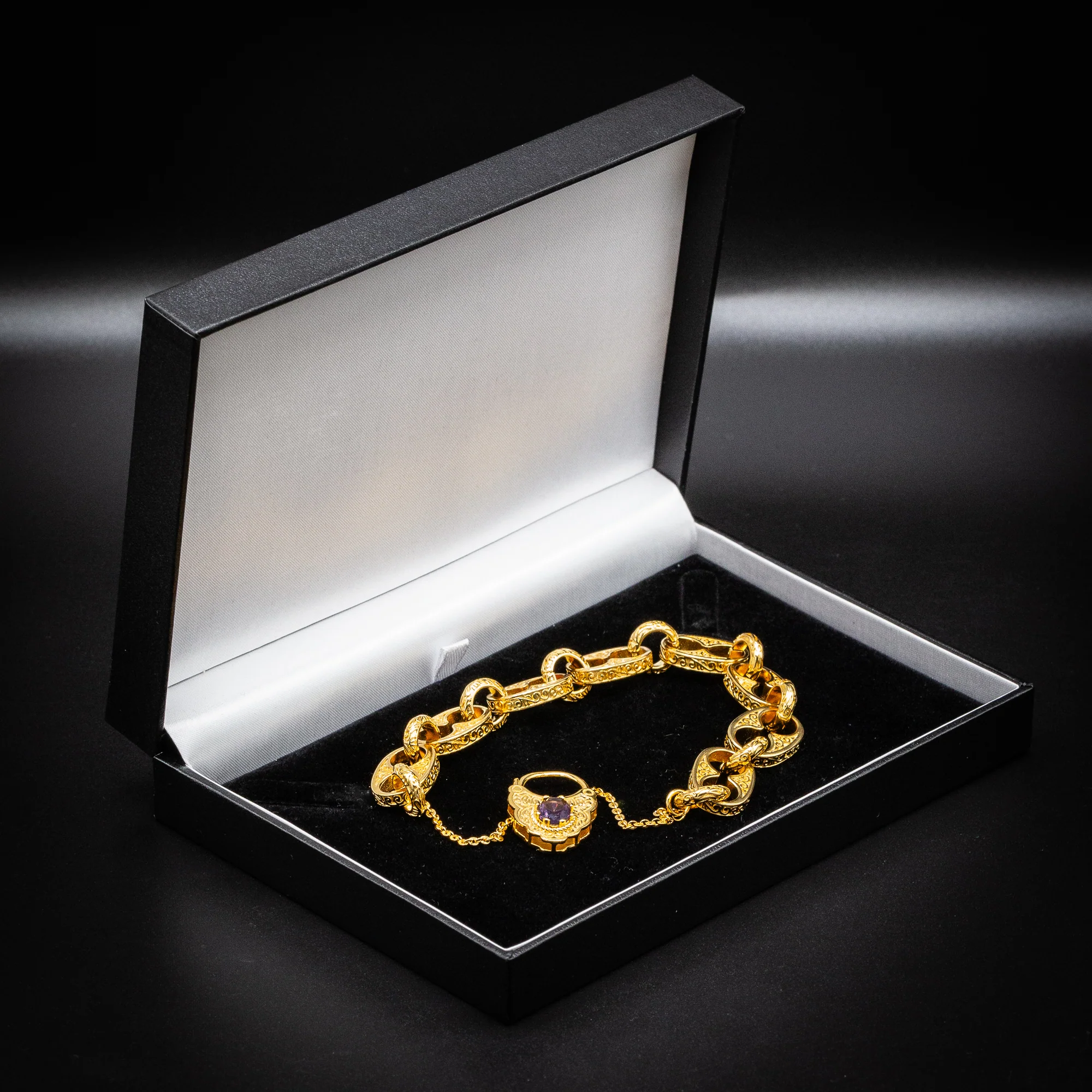 Gold Button Belcher Bracelet Vintage Padlock 8 Inch - Image 5