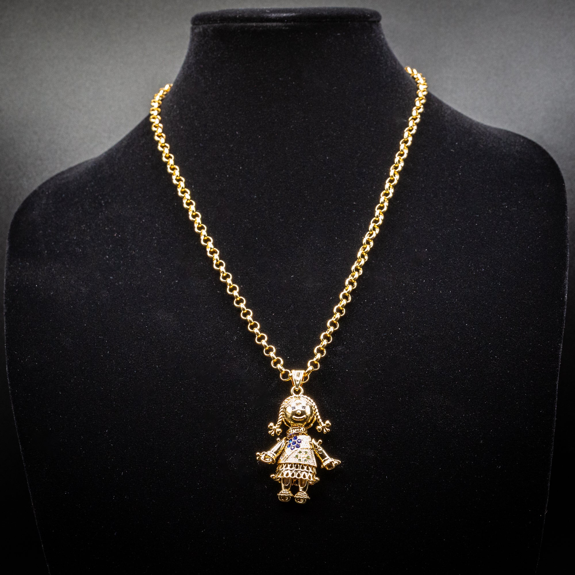Gold Rag Doll Pendant Necklace 22" - Image 3