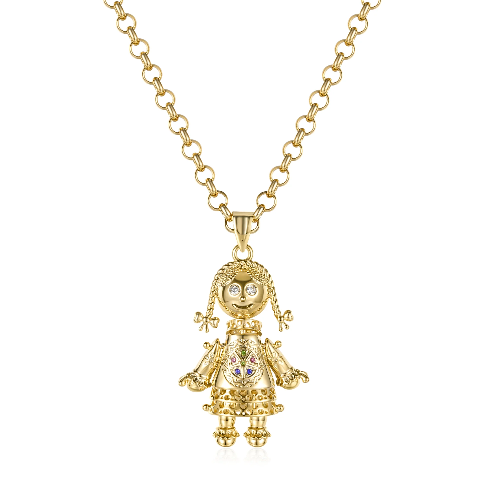 Gold 3D Rag Doll Pendant Multi Coloured Stones with Belcher Chain - Image 3