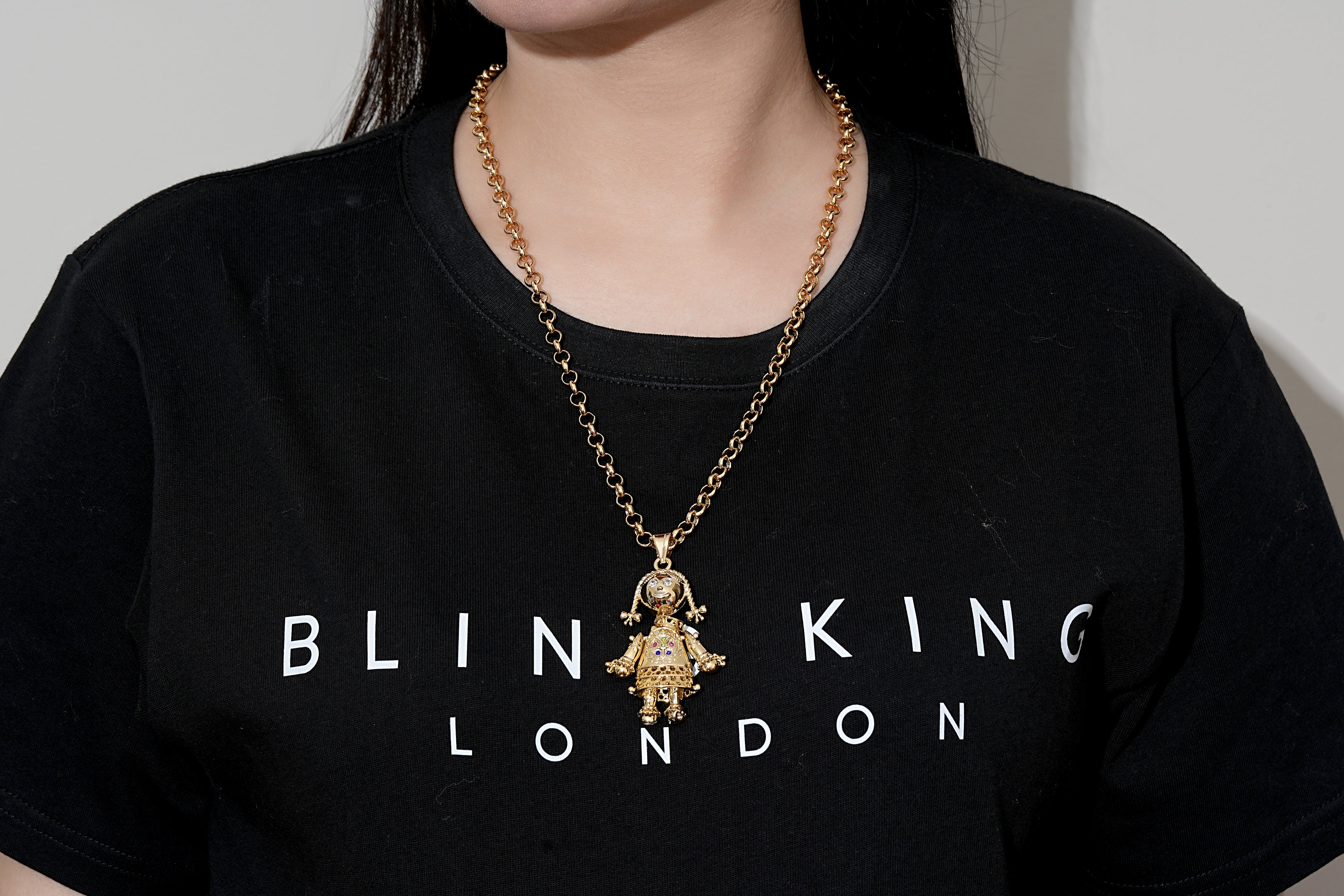 Gold 3D Rag Doll Pendant Multi Coloured Stones with Belcher Chain - Image 4