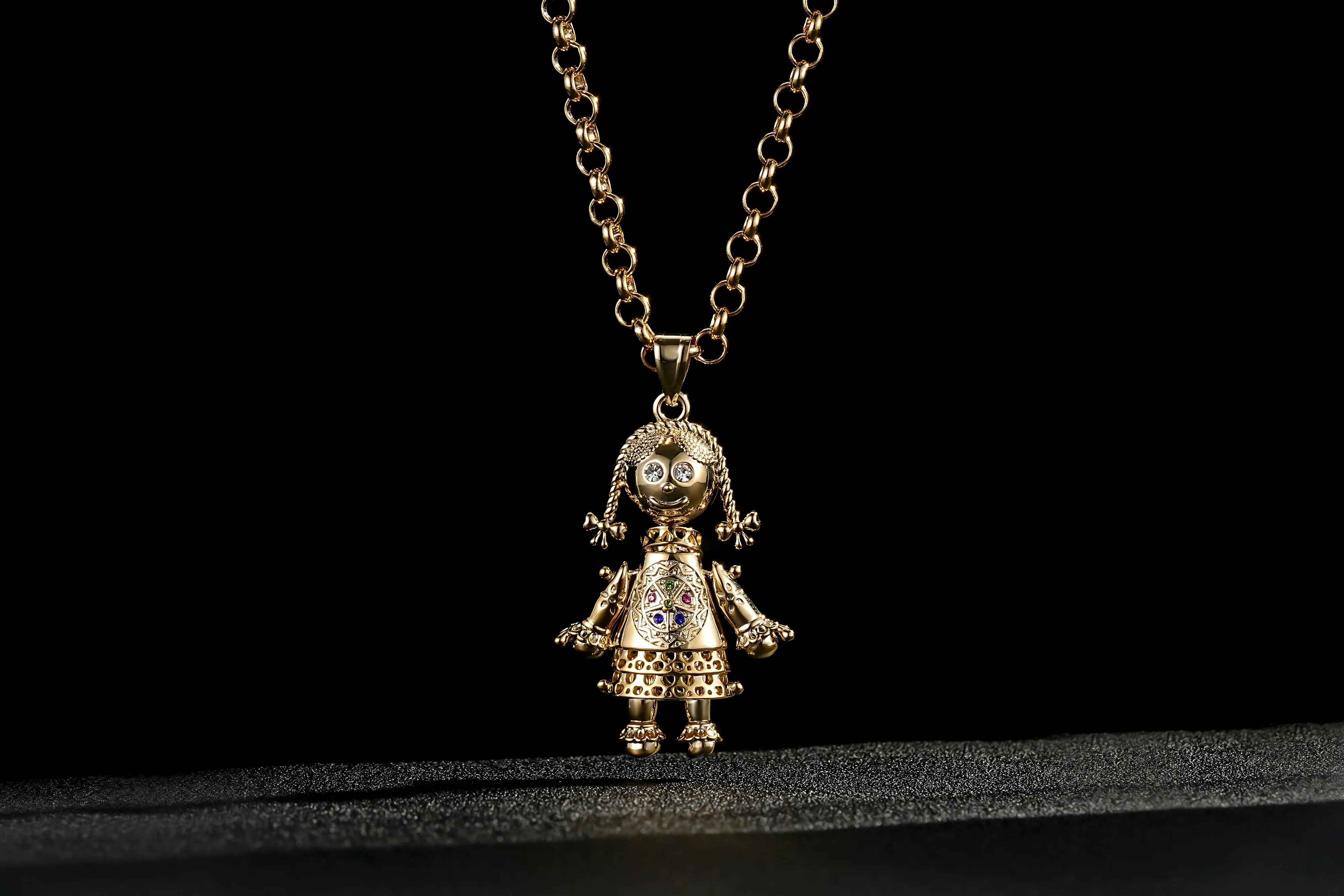 Gold 3D Rag Doll Pendant Multi Coloured Stones with Belcher Chain - Image 5