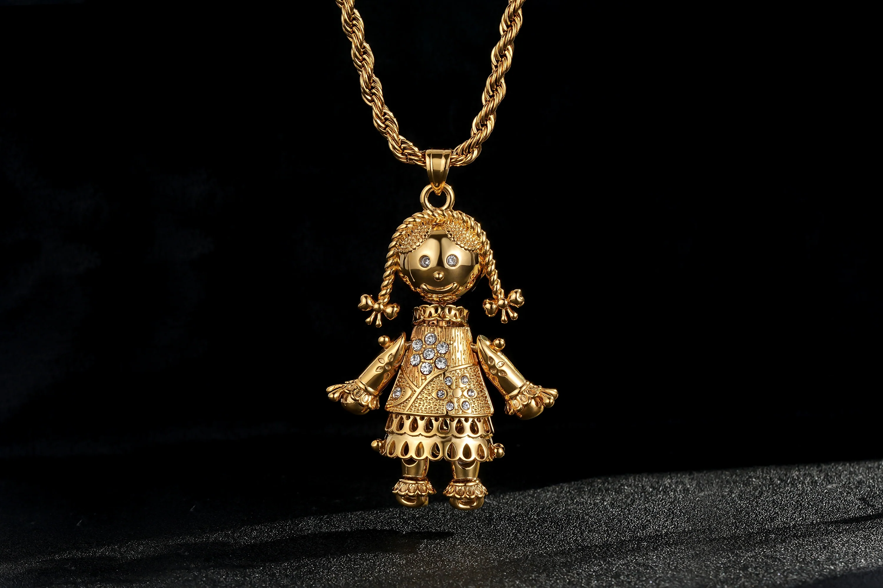 Gold XL Heart Rag Doll Pendant Necklace 24" - Image 3