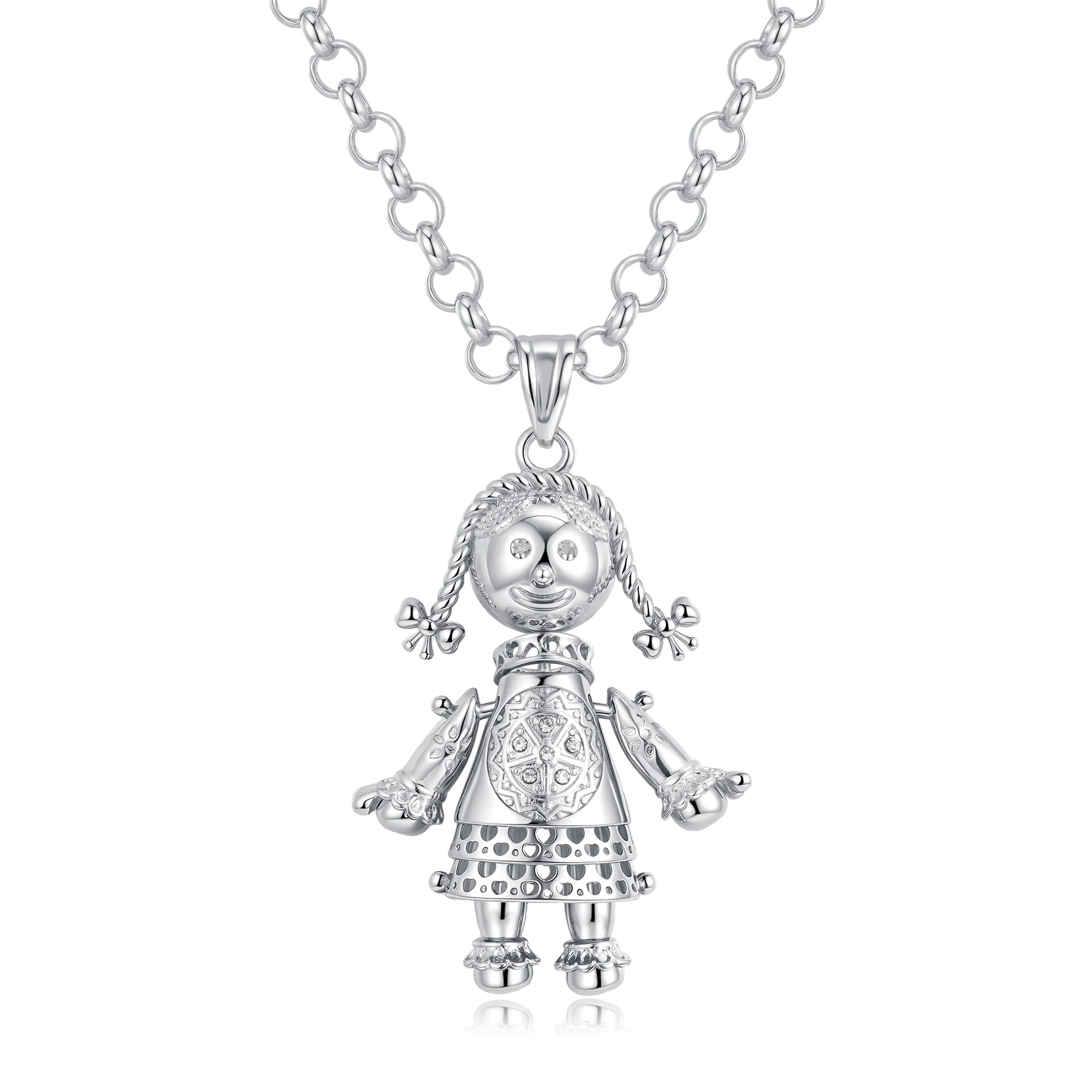 New Silver-Filled Bonded Heart Rag Doll Pendant with Clear Stones on 24-Inch, 5mm Belcher Chain - Image 3