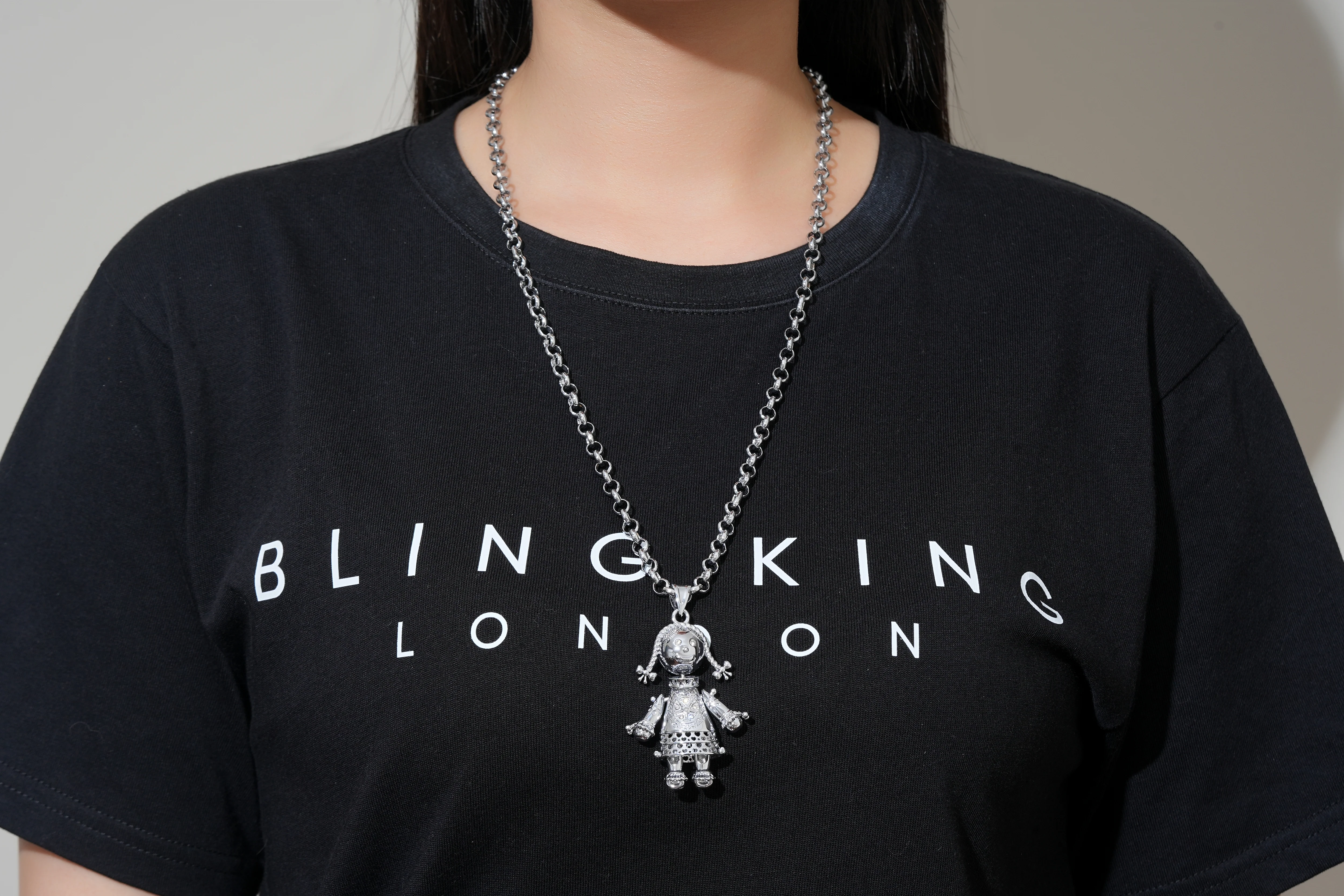 New Silver-Filled Bonded Heart Rag Doll Pendant with Clear Stones on 24-Inch, 5mm Belcher Chain - Image 4